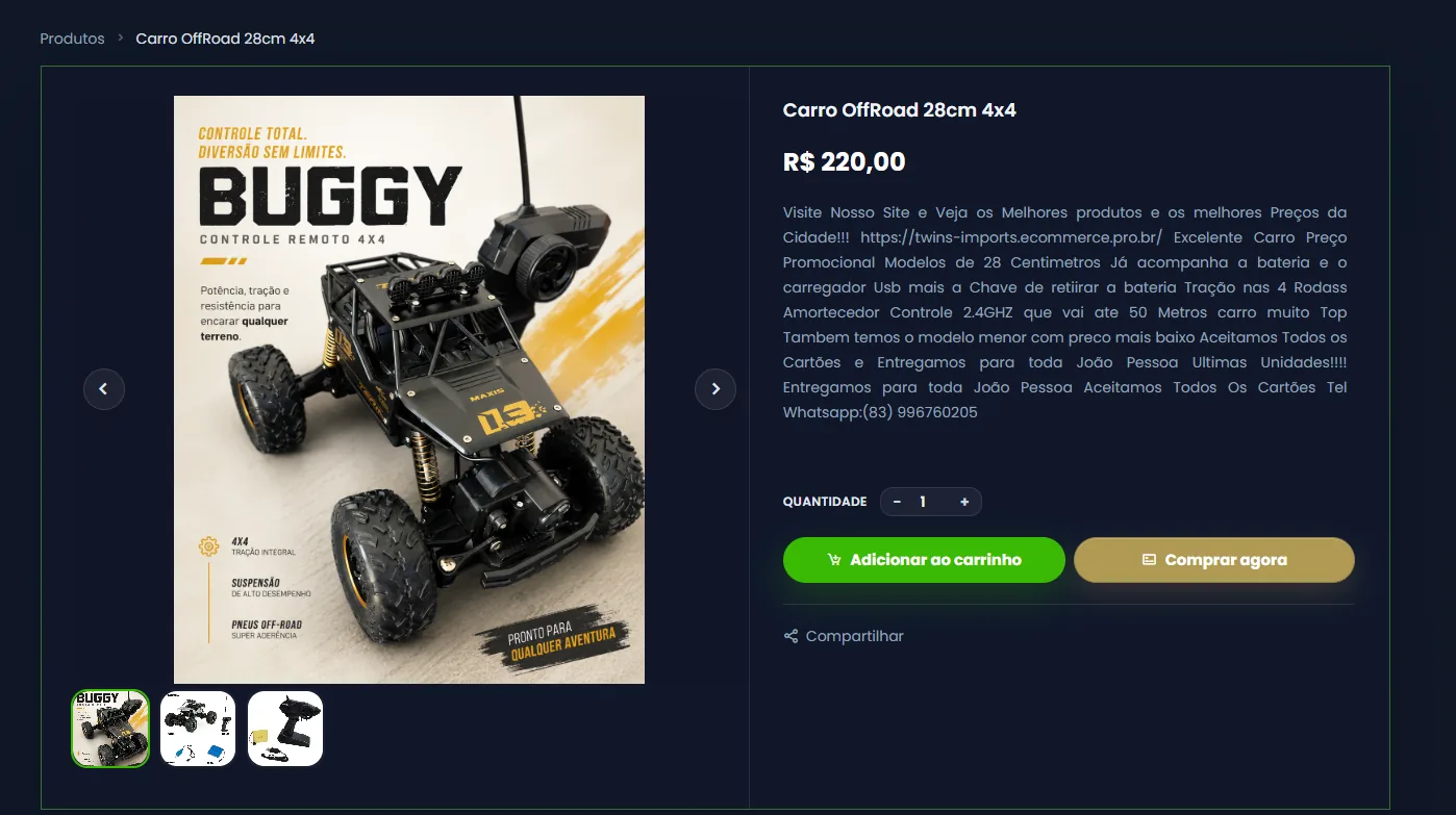 Página de produto com galeria, descrição e ações de compra